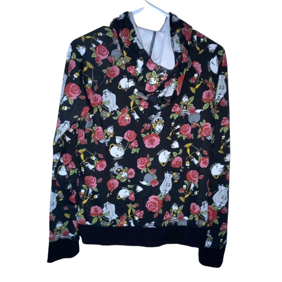 Hot Topic Disney Beauty And The Beast Floral Objects Hoodie Side Pockets Size XS - Picture 4 of 11